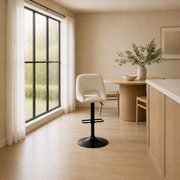Scale | the stool against a full floor-to-ceiling window in the flax dining room, true size
