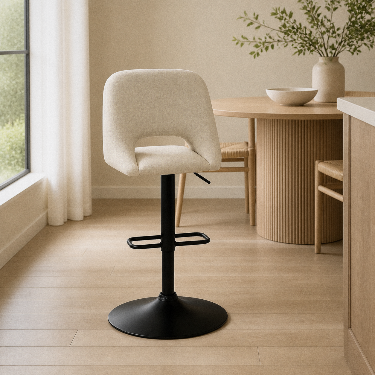 In a room | beige swivel adjustable bar stool at a flax dining room's kitchen island edge, bright midday light from the left