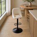 In a room | a second angle of the stool in the flax dining room, whole and clearly visible at the island edge