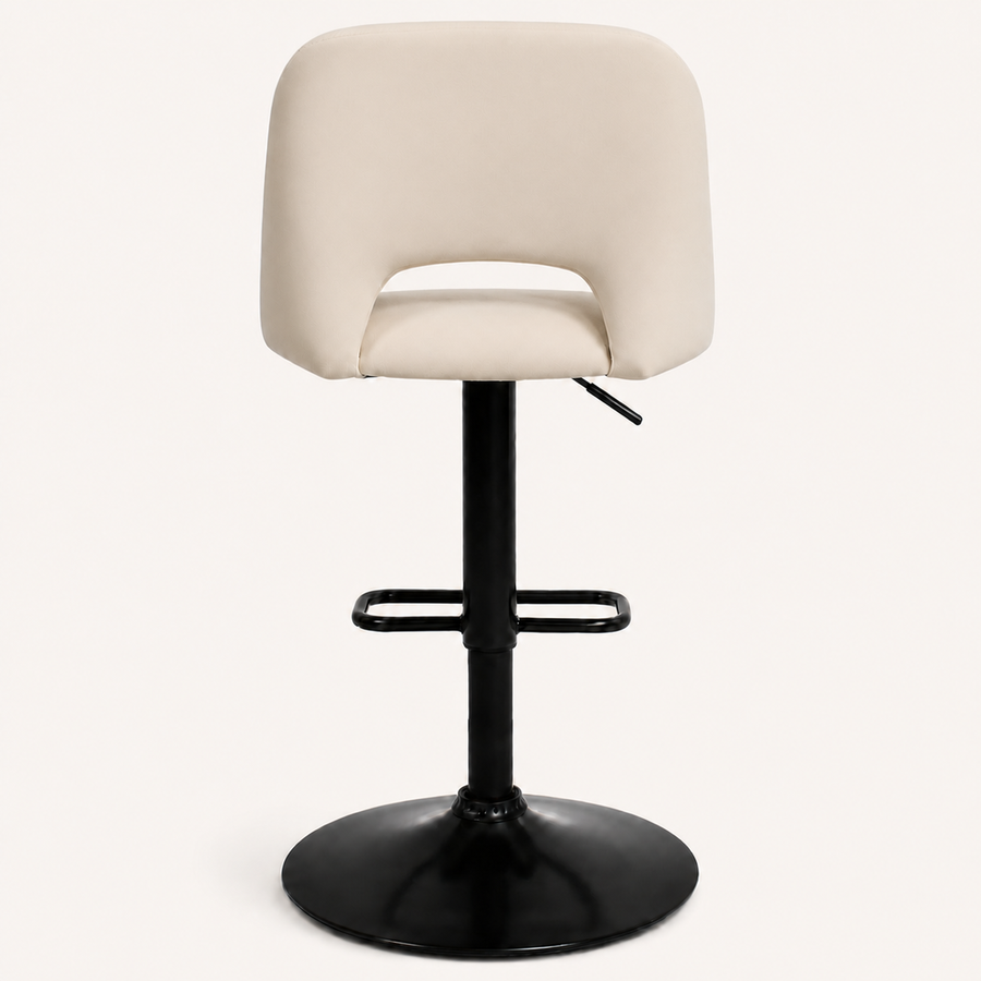 Front | beige stool centered on paper, low back with a single oval cutout, matte black pedestal