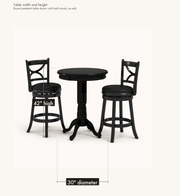 Dimensions | table width and height, 30 inches diameter by 42 inches high