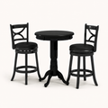 Front | studio front of the round black table and two matching X-back stools on paper