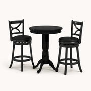 Front | studio front of the round black table and two matching X-back stools on paper