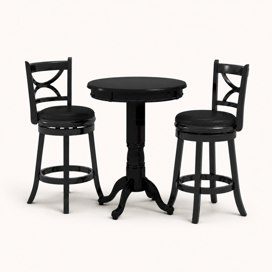 Front | studio front of the round black table and two matching X-back stools on paper