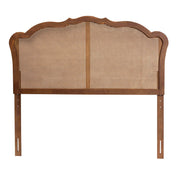 Queen Headboard with Rattan and Solid Wood Frame in Brown Fabric