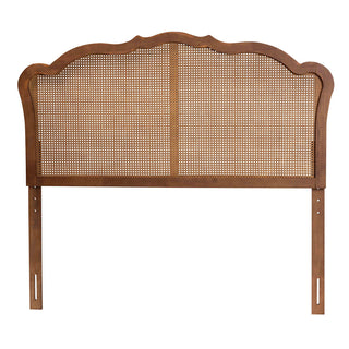 Queen Headboard with Rattan and Solid Wood Frame in Brown Fabric