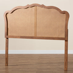 Queen Headboard with Rattan and Solid Wood Frame in Brown Fabric