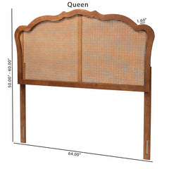 Queen Headboard with Rattan and Solid Wood Frame in Brown Fabric