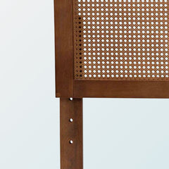 Queen Headboard with Rattan and Solid Wood Frame in Brown Fabric