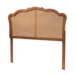 Queen Headboard with Rattan and Solid Wood Frame in Brown Fabric