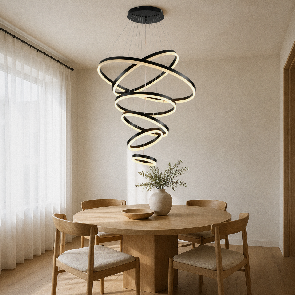 In a room | six-ring black LED chandelier cascading over a round oak dining table