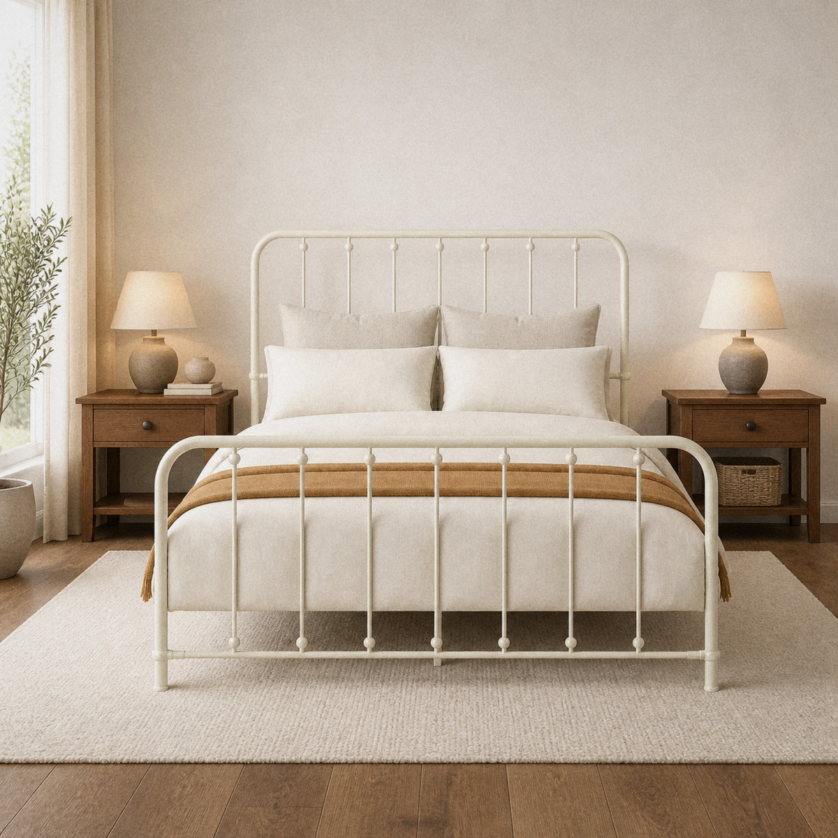 In a room | Off-white spindle bed centered in a bright bedroom with wood nightstands and brass lamps