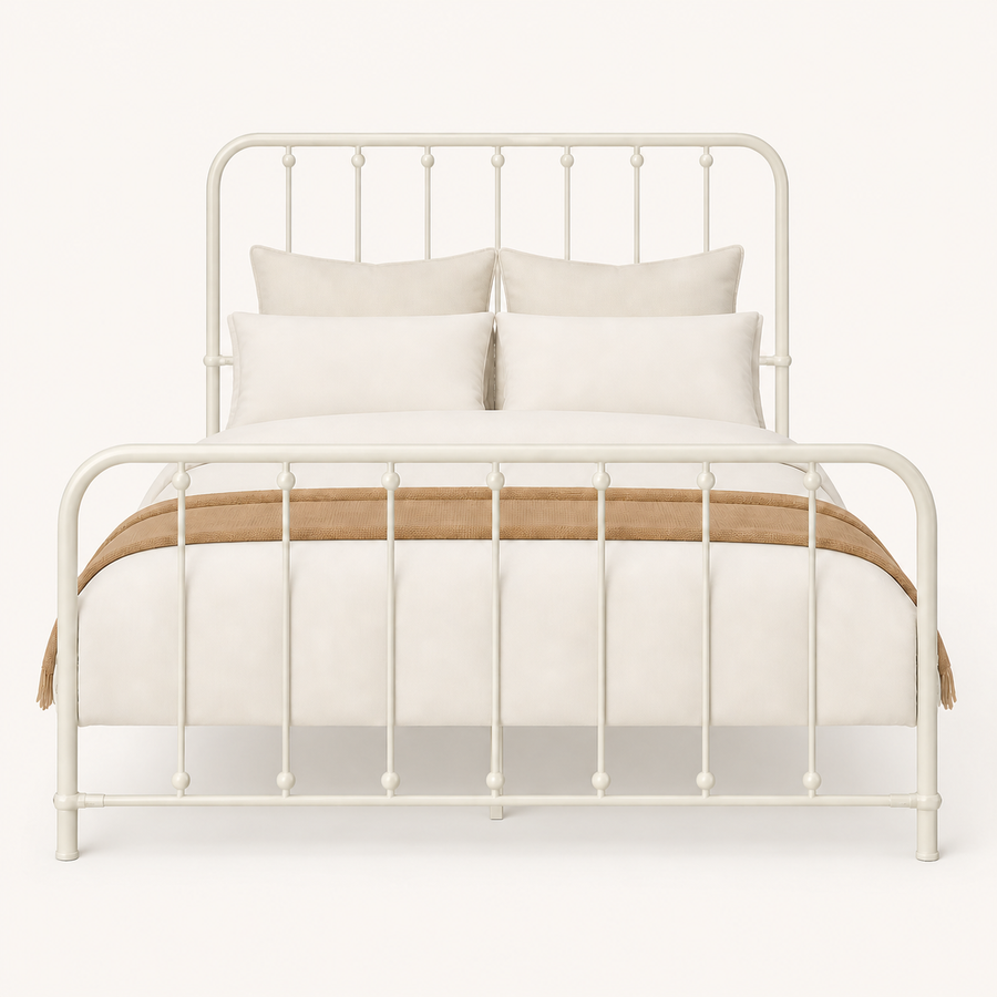Front | Straight-on studio view of the complete off-white metal frame on a pale backdrop