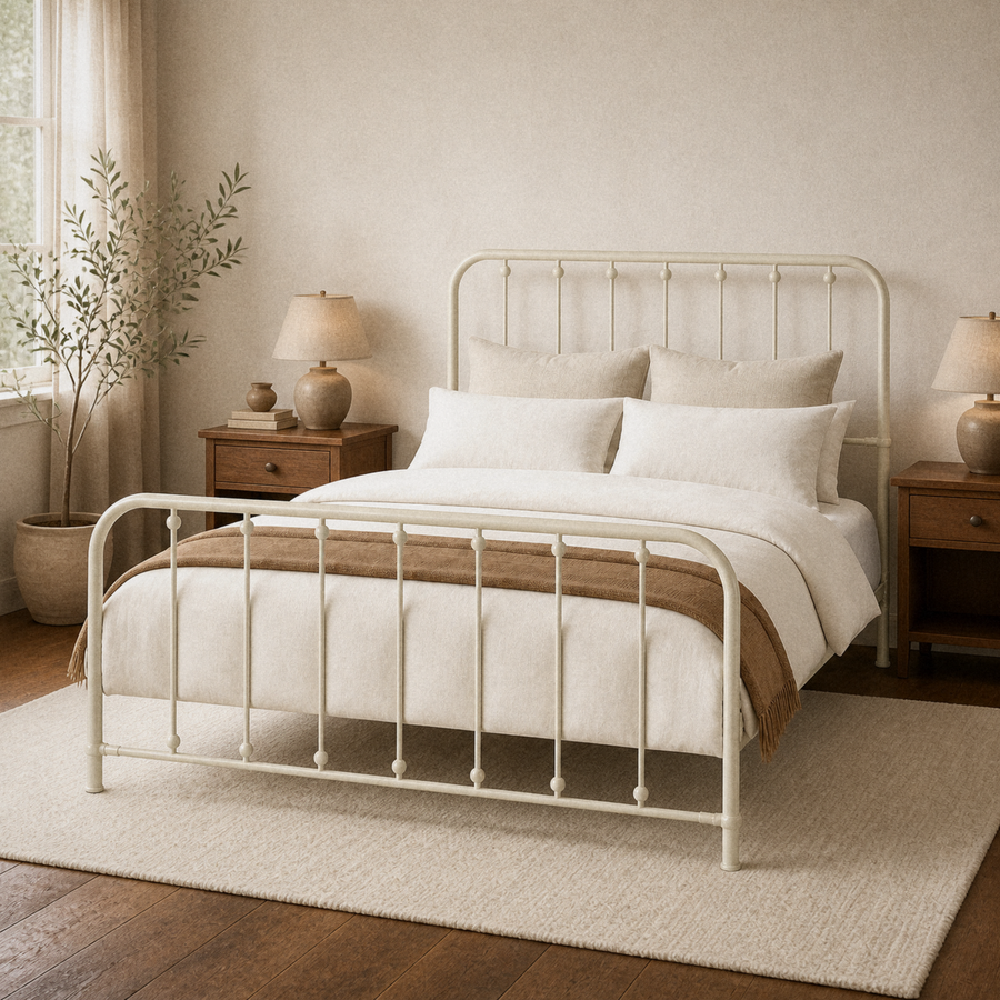 Angle | Three-quarter view of the off-white spindle bed with rounded rails, bedding, and a window