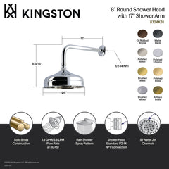 Rain Shower Head, Trimscape, 8-Inch Round with 12-Inch Arm in Polished Brass