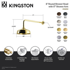 Rain Shower Head, Trimscape, 8 Inch Round with 17 Inch Arm in Brushed Brass