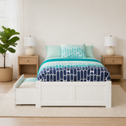 Airy room | White storage bed in a bright bedroom with oak nightstands and a tall plant