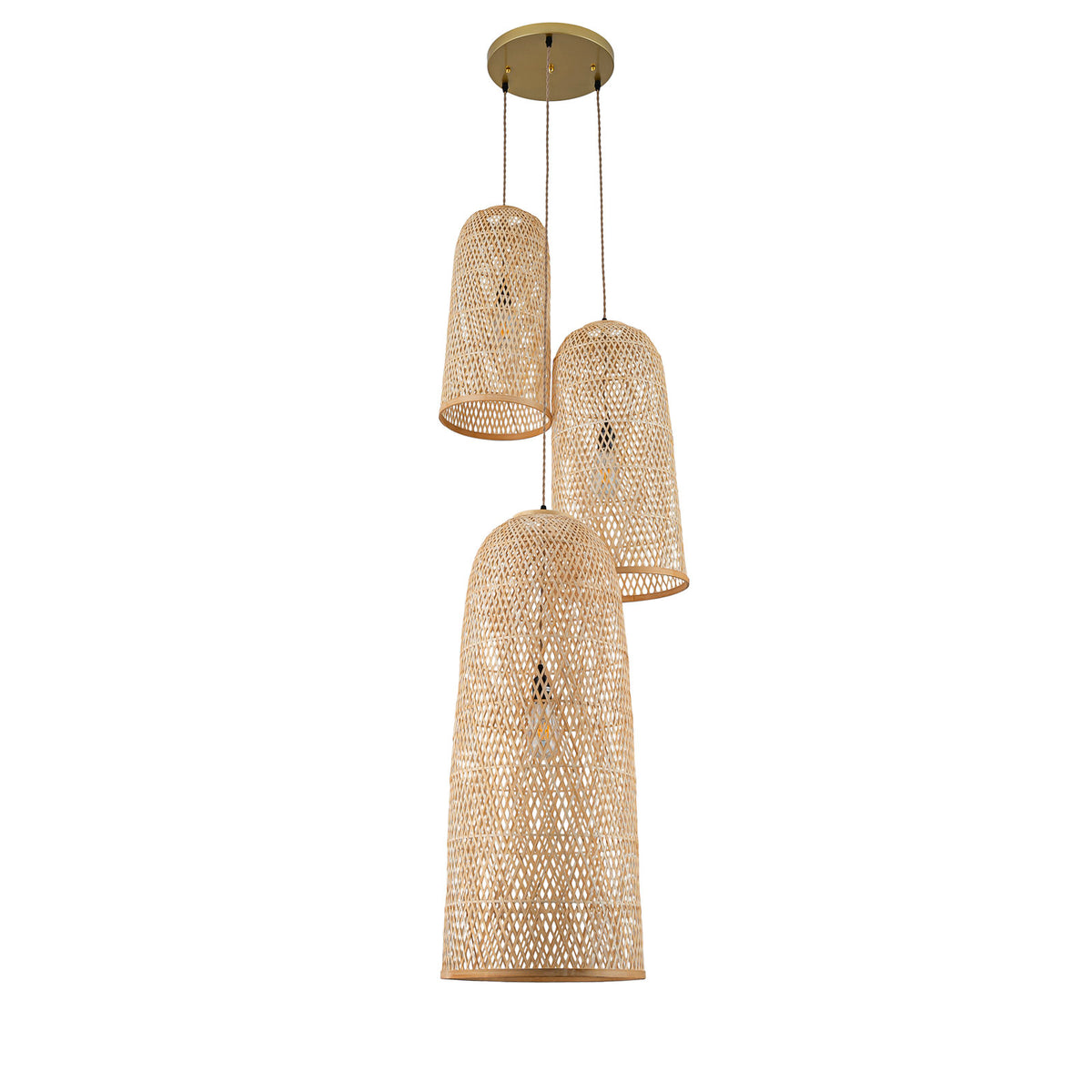 Rattan Cluster Chandelier, 3 Lights, Beige Shades with Antique Brass Finish
