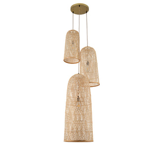 Rattan Cluster Chandelier, 3 Lights, Beige Shades with Antique Brass Finish