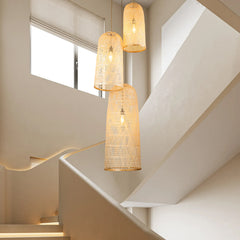 Rattan Cluster Chandelier, 3 Lights, Beige Shades with Antique Brass Finish