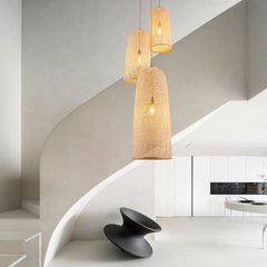 Rattan Cluster Chandelier, 3 Lights, Beige Shades with Antique Brass Finish