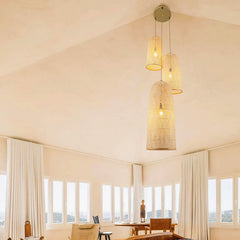 Rattan Cluster Chandelier, 3 Lights, Beige Shades with Antique Brass Finish