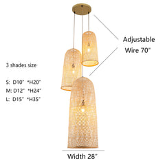 Rattan Cluster Chandelier, 3 Lights, Beige Shades with Antique Brass Finish