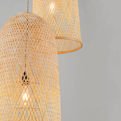 Rattan Cluster Chandelier, 3 Lights, Beige Shades with Antique Brass Finish