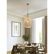 Rattan Pendant Light, 1-Light Teardrop Basket Shade with Antique Brass Finish