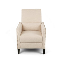 Recliner in Beige Polyester Fabric with Nailhead Trim and Dark Brown Wood Legs