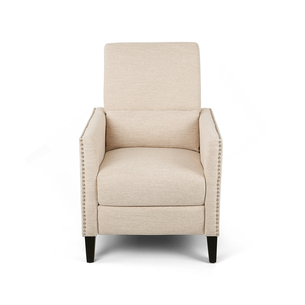 Recliner in Beige Polyester Fabric with Nailhead Trim and Dark Brown Wood Legs
