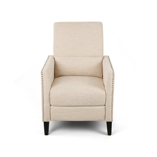 Recliner in Beige Polyester Fabric with Nailhead Trim and Dark Brown Wood Legs