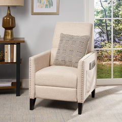 Recliner in Beige Polyester Fabric with Nailhead Trim and Dark Brown Wood Legs