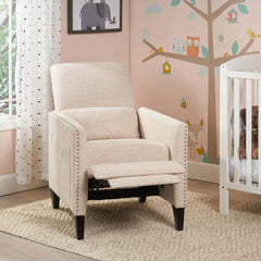 Recliner in Beige Polyester Fabric with Nailhead Trim and Dark Brown Wood Legs