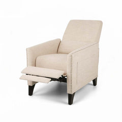 Recliner in Beige Polyester Fabric with Nailhead Trim and Dark Brown Wood Legs