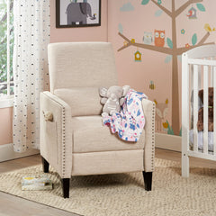 Recliner in Beige Polyester Fabric with Nailhead Trim and Dark Brown Wood Legs