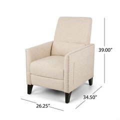 Recliner in Beige Polyester Fabric with Nailhead Trim and Dark Brown Wood Legs