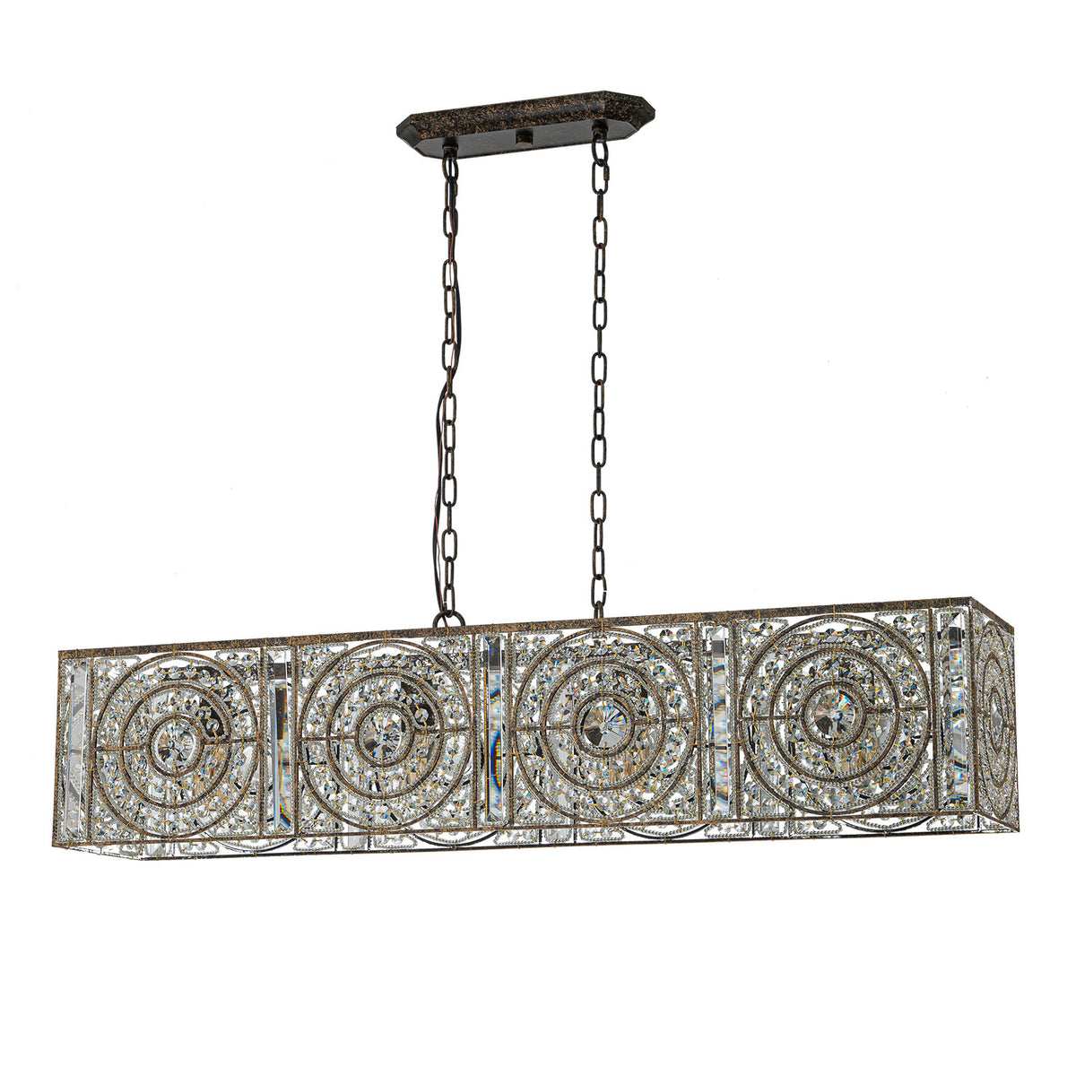 Rectangle Chandelier, 4-Light Crystal and Metal in Antique Copper