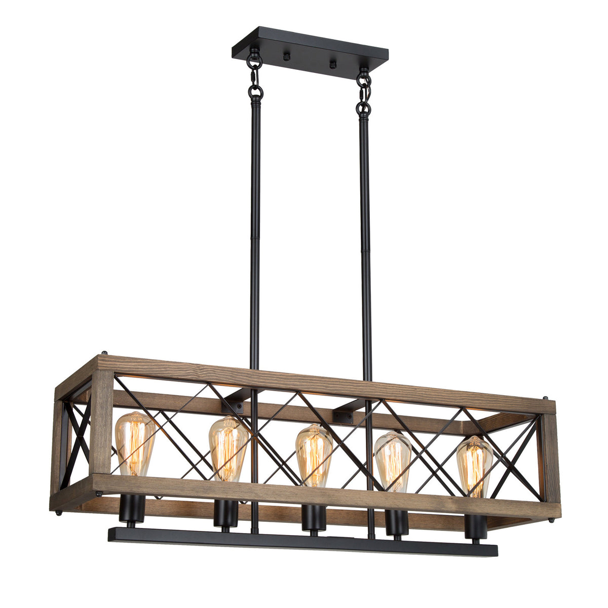 Rectangle Chandelier with 5 Lights in Brown Wood and Black Metal