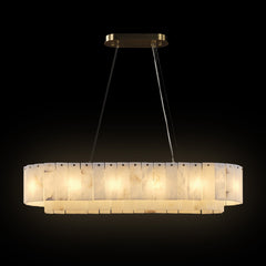 Rectangular Chandelier, 14-Light Alabaster Shade in Cream with Gold Aluminum Frame