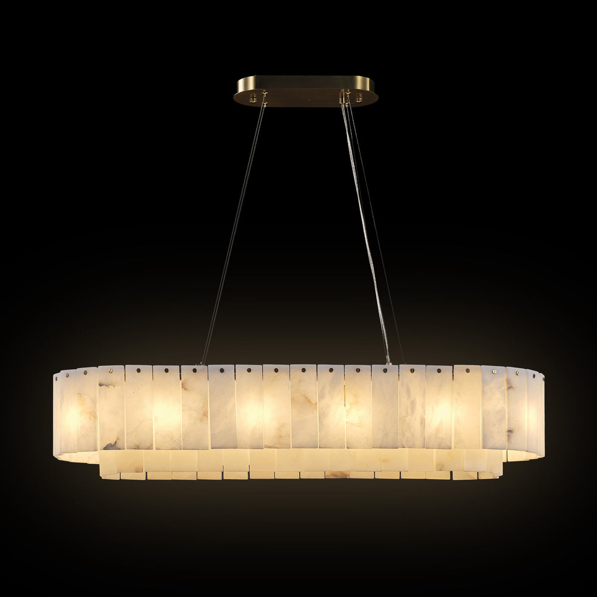 Rectangular Chandelier, 14-Light Alabaster Shade in Cream with Gold Aluminum Frame