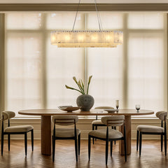Rectangular Chandelier, 14-Light Alabaster Shade in Cream with Gold Aluminum Frame