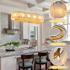 Rectangular Chandelier, 14-Light Alabaster Shade in Cream with Gold Aluminum Frame