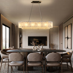 Rectangular Chandelier, 14-Light Alabaster Shade in Cream with Gold Aluminum Frame