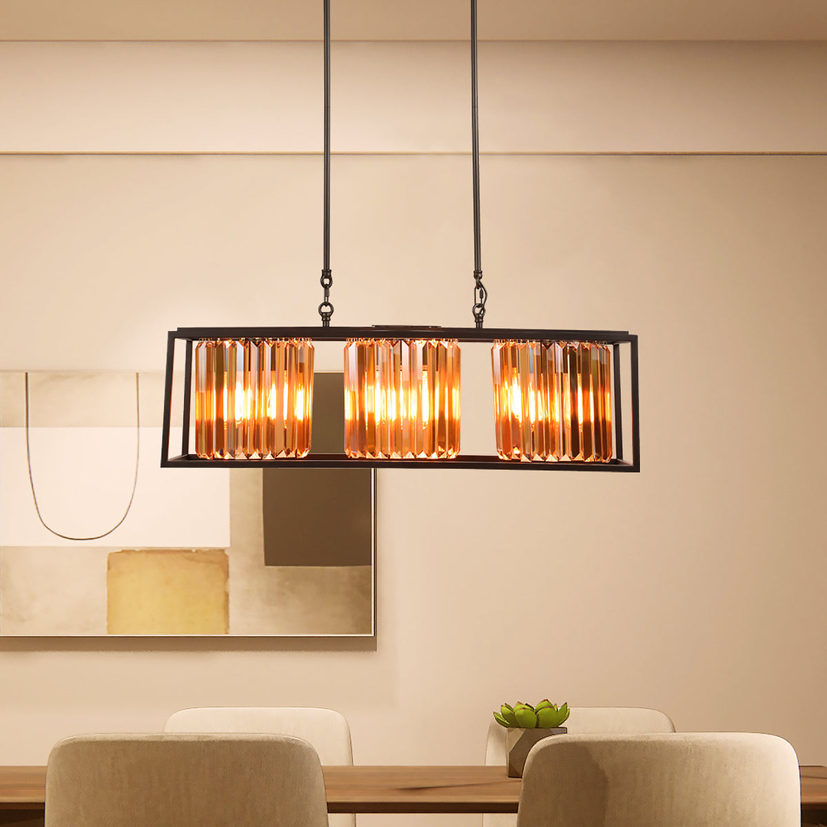 Rectangular Chandelier, 3 Lights, Oil Rubbed Bronze with Crystal Accents