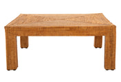 Coffee Table in Brown Rattan with Solid Wood Base