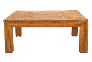 Coffee Table in Brown Rattan with Solid Wood Base
