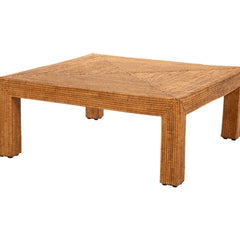 Rectangular Coffee Table, Brown Rattan with Solid Wood Base