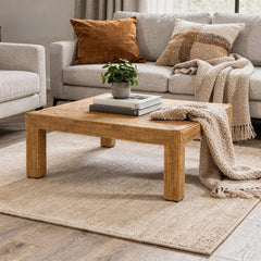 Rectangular Coffee Table, Brown Rattan with Solid Wood Base