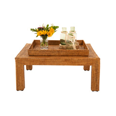 Rectangular Coffee Table, Brown Rattan with Solid Wood Base
